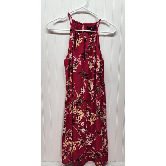 Floral Red Sleeveless Halter Dress With Gold Accents By White House Black Market - Picture 1 of 11